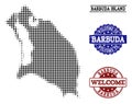 Welcome Composition of Halftone Map of Barbuda Island and Textured Seals