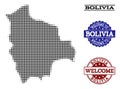 Welcome Composition of Halftone Map of Bolivia and Grunge Stamps