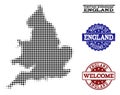 Welcome Composition of Halftone Map of England and Grunge Stamps