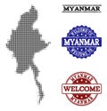 Welcome Composition of Halftone Map of Myanmar and Textured Seals