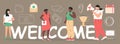 Welcome concept flat vector for website. Happy people stands near huge text. Office teamwork and are greeting clients in