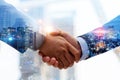 Welcome. double exposure image of investor business man handshake with partner for successful meeting deal Royalty Free Stock Photo