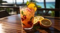 Welcome Drink or Mixed Juice Fruits, Orange Water Refreshing in Guest House Resort Blur background, generative AI