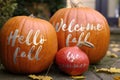 Welcome fall Pumpkins - in front of a house
