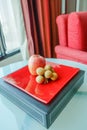 welcome fruit on table in luxury room