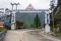 Welcome Gate to Kinnaur District adorned with a Hindi-language greeting