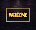 Welcome golden text in frame isolated vector illustration. Greeting shiny sign on brick wall background