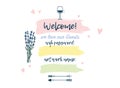 Welcome guests sign hand drawn, wifi password, lettering. Lavender vector illustration