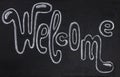 Welcome handdrawn chalk lettering inscription on blackboard. Welcome handwritten sign on chalkboard. Welcoming tag