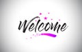 Welcome Handwritten Word Font with Vibrant Violet Purple Stars and Confetti Vector