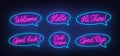 Welcome, Hello, Hi There, Good Luck, Best Wishes, Good Bye Neon Script Quotes on brick wall  background. Royalty Free Stock Photo