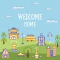 Welcome Home Banner Template, Summer Urban Landscape with Cute Hand Drawn Public Buildings and City Street, Invitation Royalty Free Stock Photo