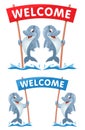 Welcome! Illustration with funny dolphins.