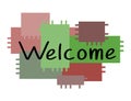 Welcome letters banner on brown, green, burgundy squares. Hand drawn. Banner, postcard, poster, stickers. Welcome Vector Royalty Free Stock Photo