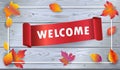 Welcome logo fall leaves on wood wallpaper Royalty Free Stock Photo