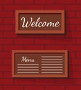 Welcome and Menu Sign Board in Frame on Brick Wall Royalty Free Stock Photo