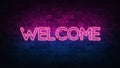 Welcome neon sign. purple and blue glow. neon text. Brick wall lit by neon lamps. Night lighting on the wall. 3d illustration.