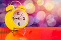 2019 New year,Retro yellow alarm clock with Nine Five Minutes Old Style with bokeh background