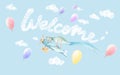 Welcome Nursery wall art. Baby shower boy. Airplane wit ribbon, balloons fly in sky. White clouds blue background Royalty Free Stock Photo