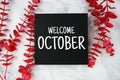 Welcome October text on paper card with red eucalyptus leaf decoration top view on marble background Royalty Free Stock Photo
