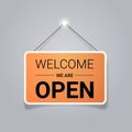 welcome we are open door advertising sign store opening concept label with text flat
