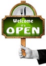 Welcome it is Open - Sign with Hand of Waiter Royalty Free Stock Photo