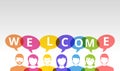 Welcome people icons and colorful speech bubbles