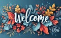 Welcome poster. Welcoming quote banner on the blue background with colorful leafs and flowers. Botanical floral illustration.