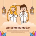 Welcome ramadhan kareem holy month greeting with cute couple character mascot illustration Royalty Free Stock Photo