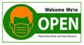 Welcome we`re open and please wear mask and keep distance vector text with a man sign