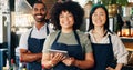 Welcome, restaurant and portrait of team at bar with manager, waiter and waitress at startup with digital app. Bistro Royalty Free Stock Photo