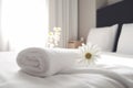 bedchamber bed comfortable welcome bath window flower spa modern towel. Generative AI.