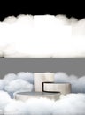 Welcome screen Wooden podium Nature pedestal Cosmetic beauty product promotion in clouds 3d render on grey with alpha