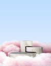 Welcome screen Wooden podium Nature pedestal Cosmetic beauty product promotion in pink clouds 3d render on blue