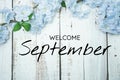 Welcome September text and blue flower decoration on wooden background