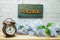 Welcome Sign and alarm clock with Flower Blooming Decoration Royalty Free Stock Photo
