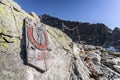 Welcome sign in alpine environment before the entrance to the hut, Europe, Slovakia