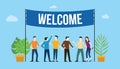 Welcome sign board welcomes concept with business team people with big banner on top with green tree plants - vector Royalty Free Stock Photo