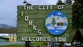 Welcome sign at the city of Forks - FORKS, WASHINGTON - APRIL 13, 2017 - travel photography