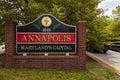 Welcome sign at the entrance of Annapolis, Maryland which has the coat of arms of the city