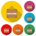 Welcome sign hanging icon or logo, color set with long shadow Royalty Free Stock Photo