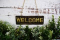 Welcome sign hanging with rope and green artificial plant on wooden background Royalty Free Stock Photo