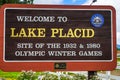 Welcome Sign in Lake Placid, the site of the 1932 and 1980 Olympic Winter Games in Adirondack Mountains, Upstate New York, USA