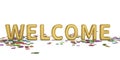 Welcome sign letters with confetti background celebration greeting holiday.3D illustration. Royalty Free Stock Photo