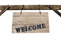 Welcome sign on old wooden signboard with chains in white background. Royalty Free Stock Photo