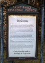 Welcome sign Saint Paul`s Episcopal Church in Marfa, Texas.