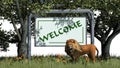 WELCOME - Sign with text between trees in the park