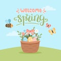 Welcome spring card - easter egg basket and flowers and lettering. Hand drawn flat cartoon elements. Vector illustration Royalty Free Stock Photo