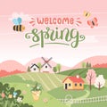 Welcome spring - landscape with trees, fields, houses and windmill. Hand drawn lettering. Easter background, countryside