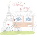 Welcome spring in Paris postcard, hand drawn